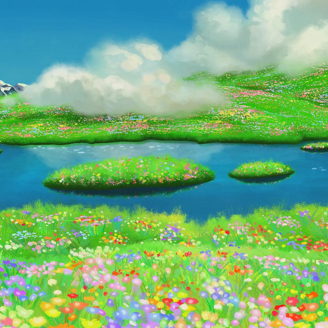 A Studio Ghibli inspired landscape study. Flowery meadows, fluffy clouds, icy lakes and a highly saturated azure sky